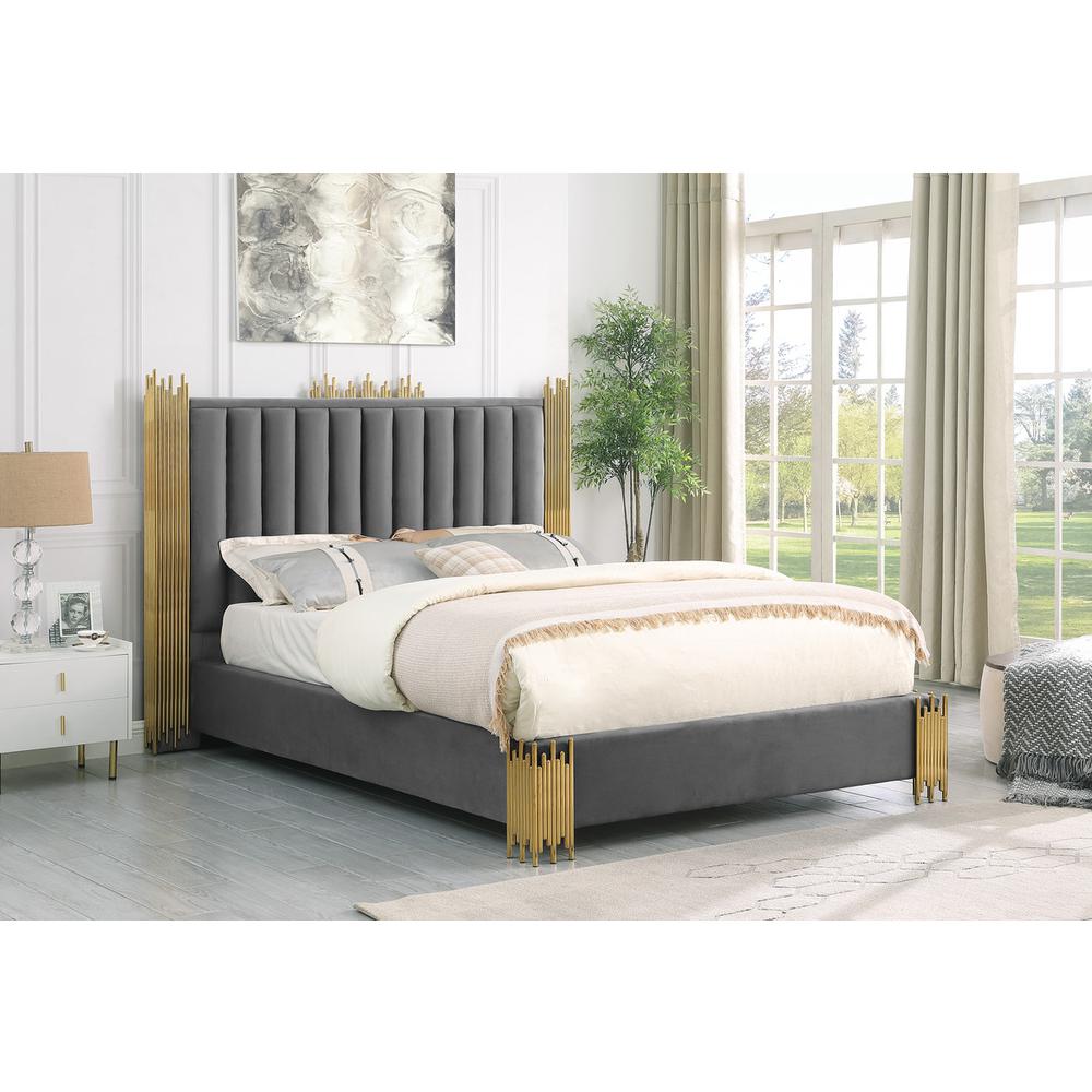 Queen size Dark grey velvet bed with gold corners (Platform)