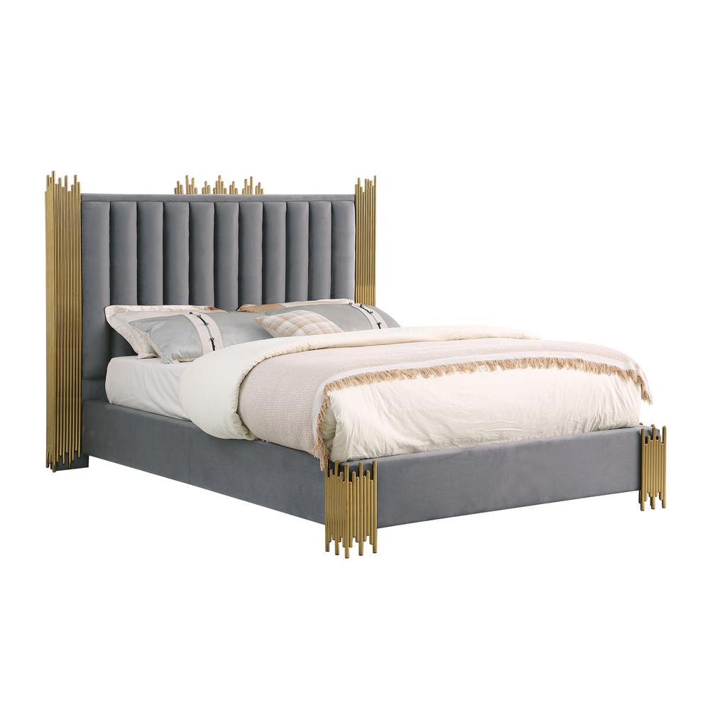 Queen size Dark grey velvet bed with gold corners (Platform)