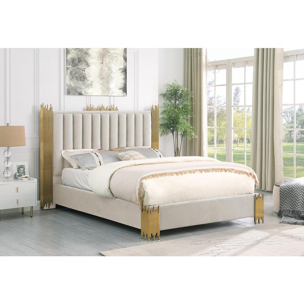 Queen size Cream velvet bed with gold corners (Platform)
