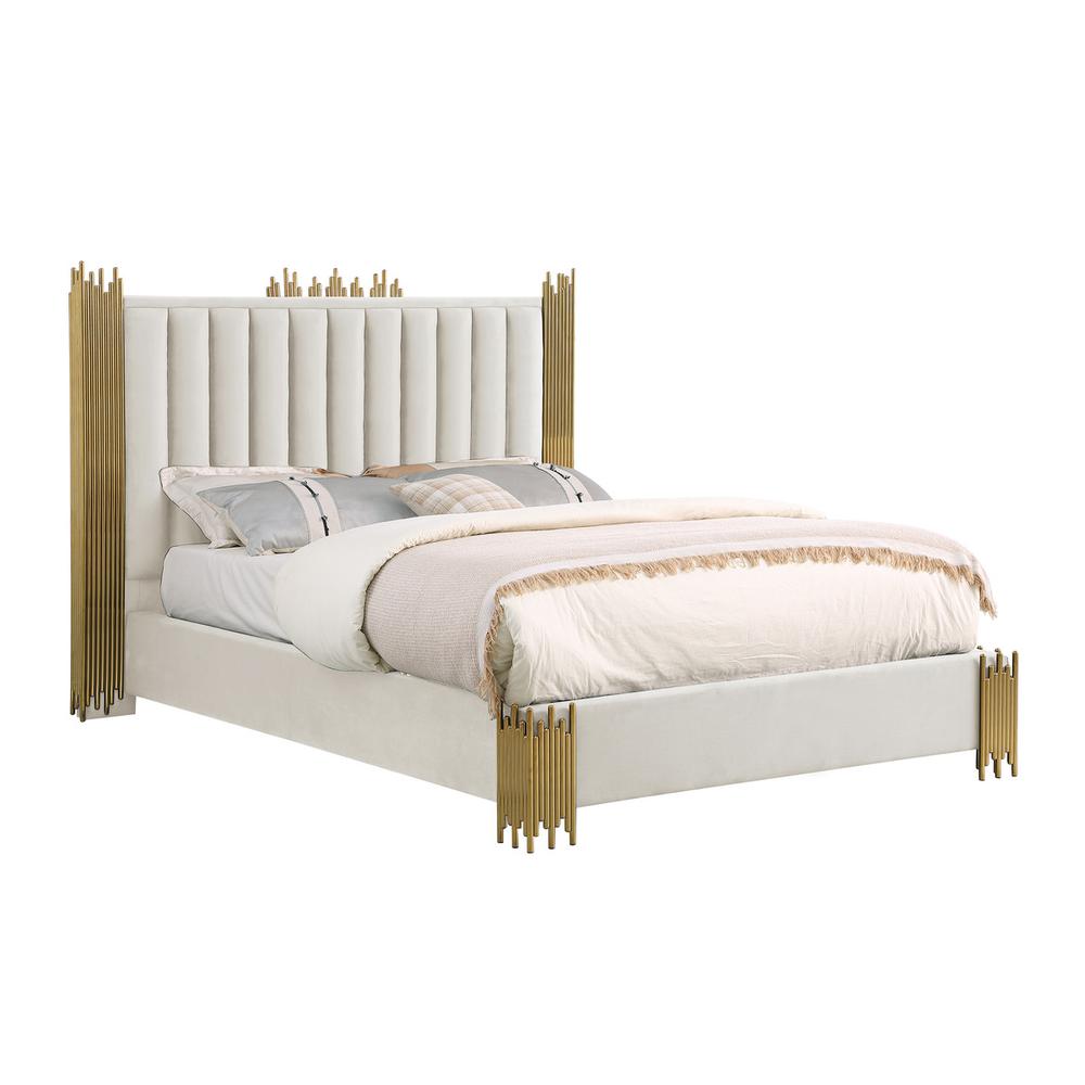 Queen size Cream velvet bed with gold corners (Platform)