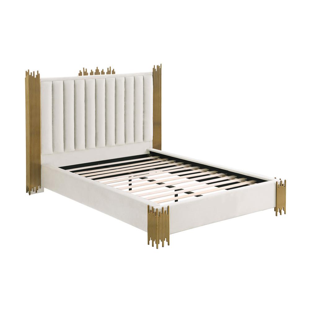 Queen size Cream velvet bed with gold corners (Platform)