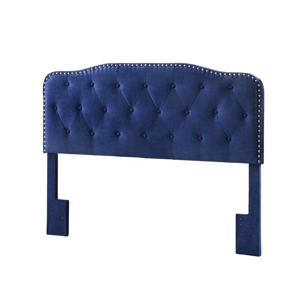 Navy Blue Velvet Uph. Panel Bed with Silver Nailhead – Queen