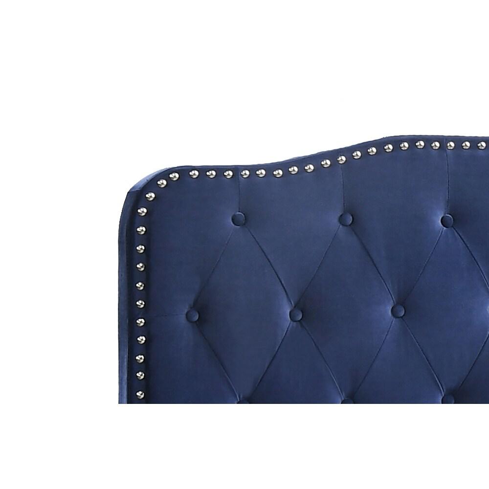 Navy Blue Velvet Uph. Panel Bed with Silver Nailhead – Queen