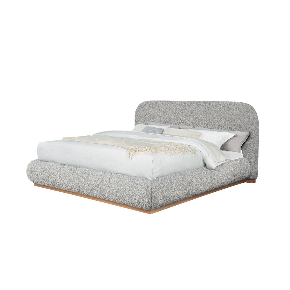 Rich Gray Boucle Queen Platform Bed With Wood Base