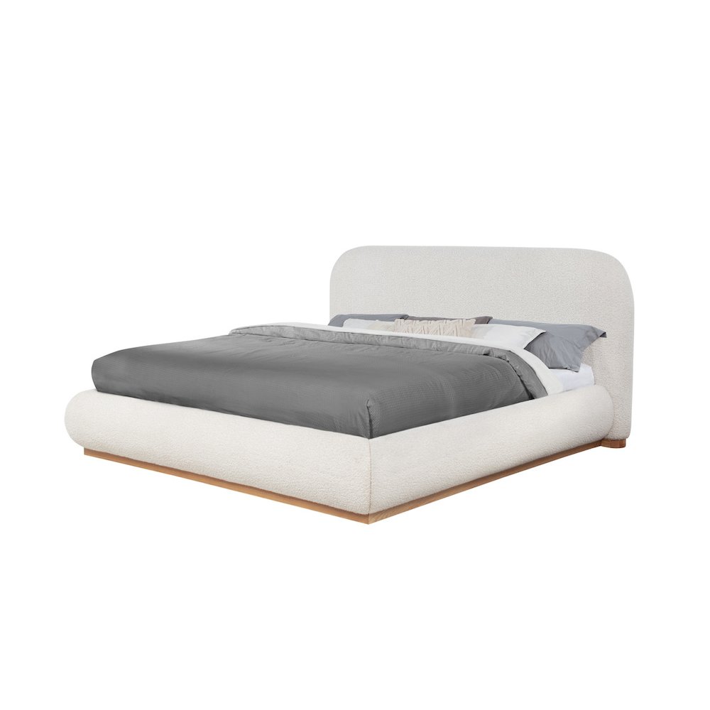 Cream Boucle Queen Platform Bed With Wood Base