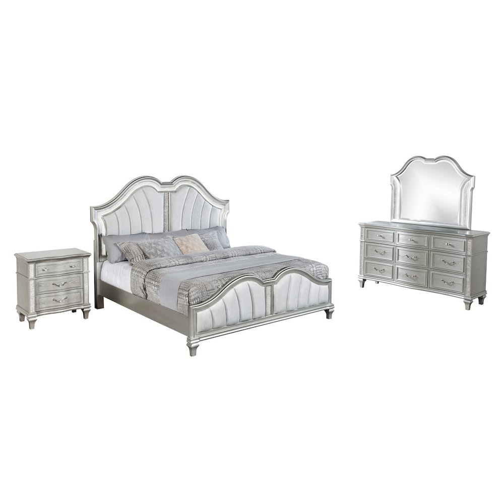 4 Piece Silver Eastern King Panel Bedroom Set ( Ekb+Dresser+Mirror+Ns)
