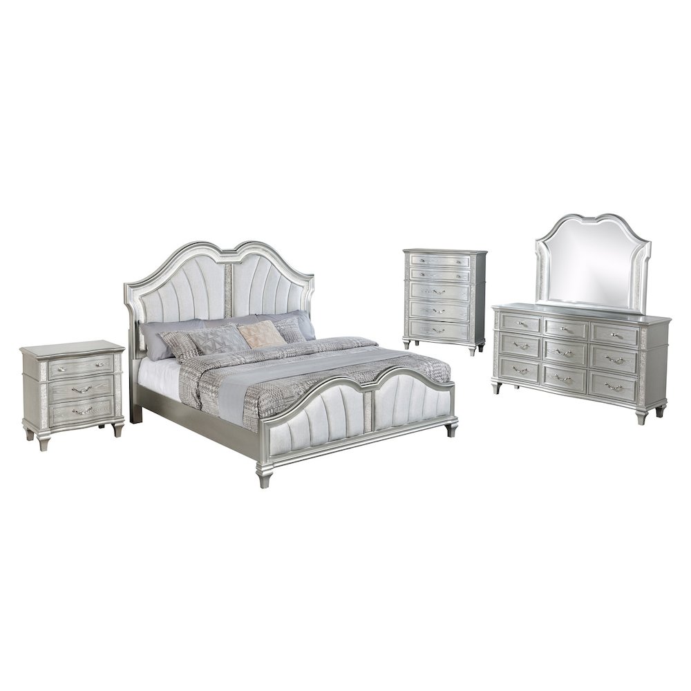 5 Piece Silver Eastern King Panel Bedroom Set ( Ekb+Dresser+ Mirror+ Ns+Chest)