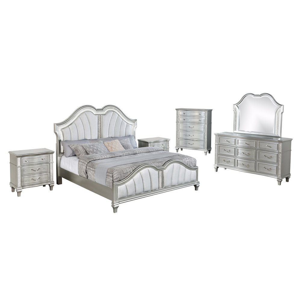 6 Piece Silver Eastern King Panel Bedroom Set (Ekb+Dresser+Mirror+2Ns+Chest)