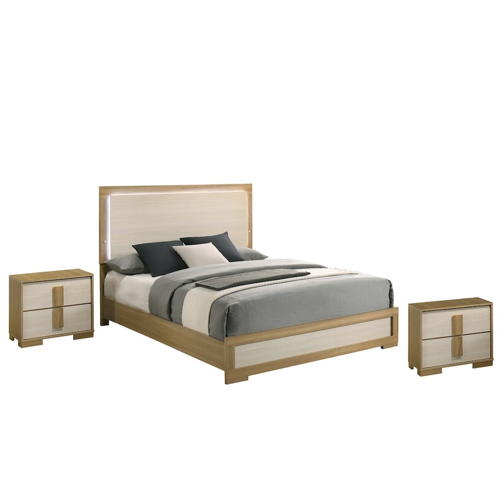 3 piece – Beige wood bedroom set (bed+2Night stands)
