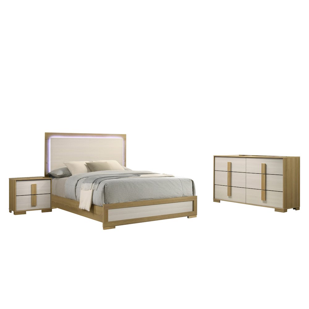 3 piece – Beige wood bedroom set (Bed+NS+Dresser)