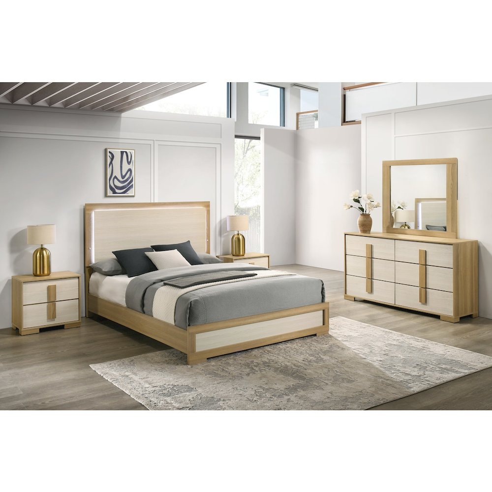 5 piece – Beige wood bedroom set (Bed+2NS+Dresser+Mirror)