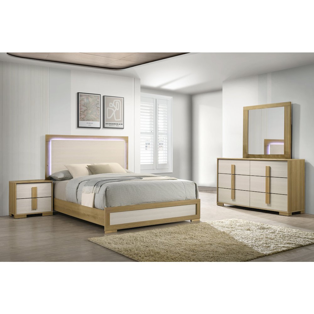4 piece – Beige wood bedroom set (Bed+NS+Dresser+Mirror)