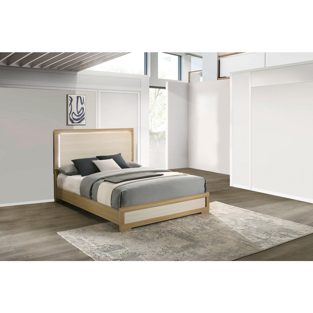 Beige wood eastern king panel bed