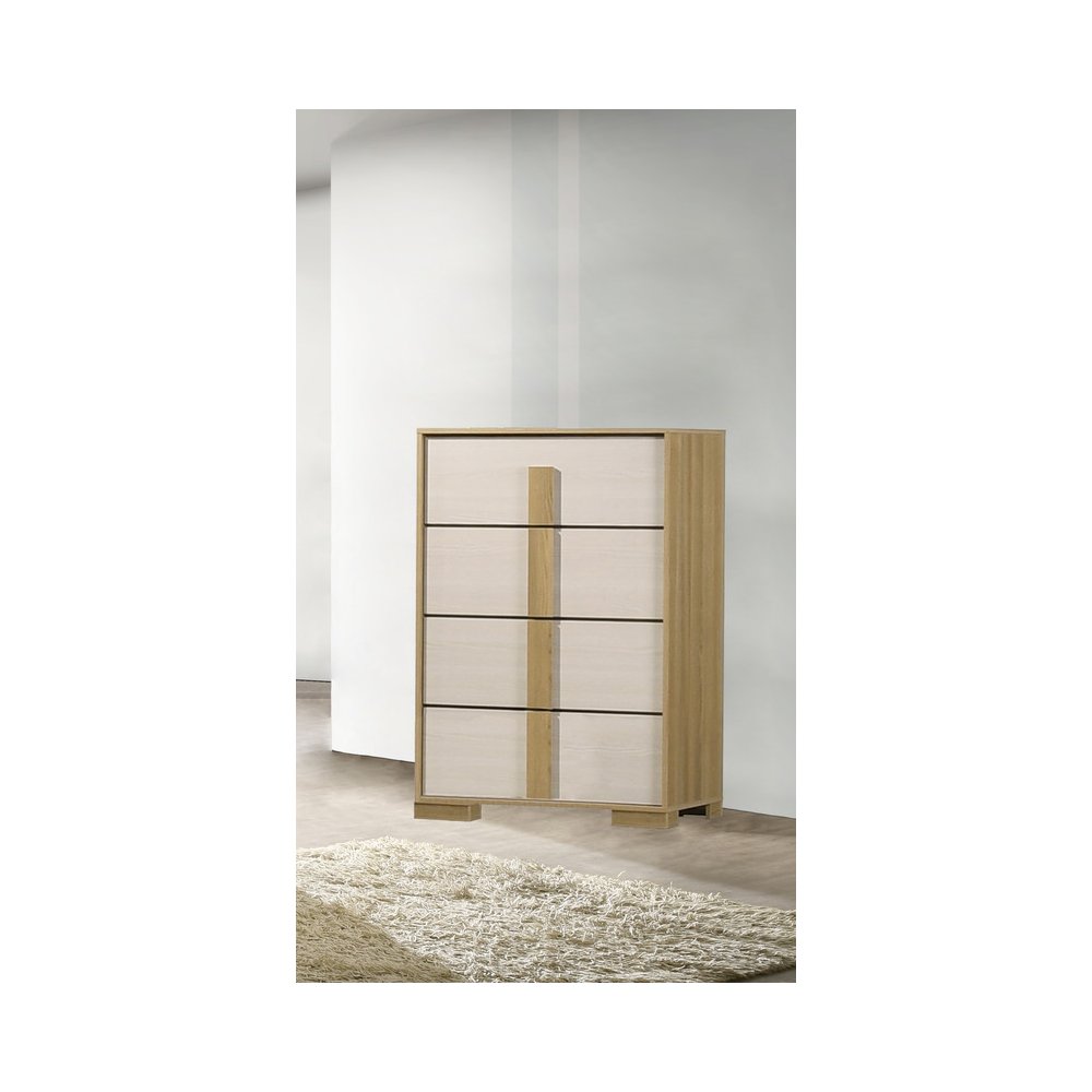 Beige four drawer wood bedroom chest