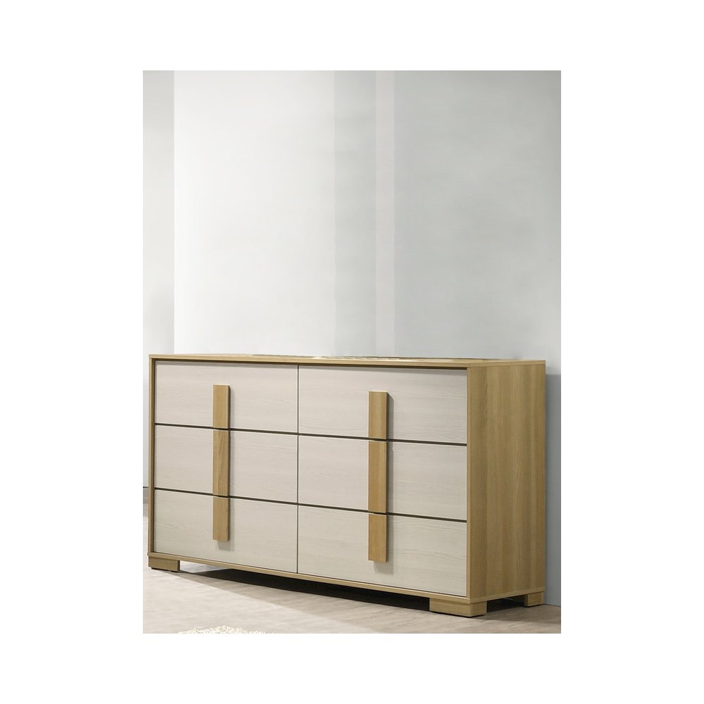 Beige six drawer wood bedroom dresser and matching mirror