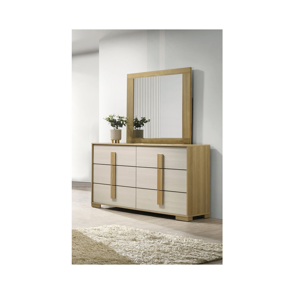 Beige six drawer wood bedroom dresser and matching mirror