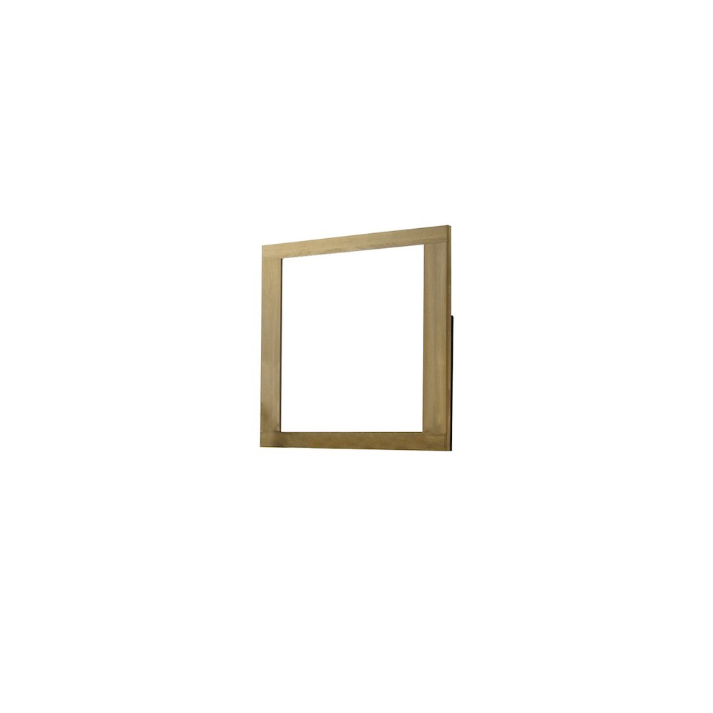 Beige six drawer wood bedroom dresser and matching mirror