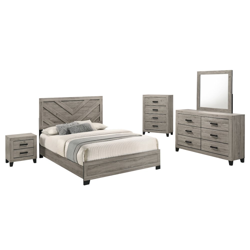 5 piece light grey pannel bedroom set (Bed+NS+Dresser+Mirror+Chest)