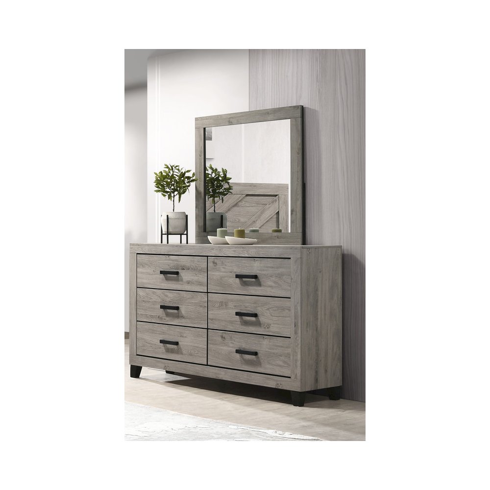 Light grey 6-drawers bedroom dresser with matching mirror