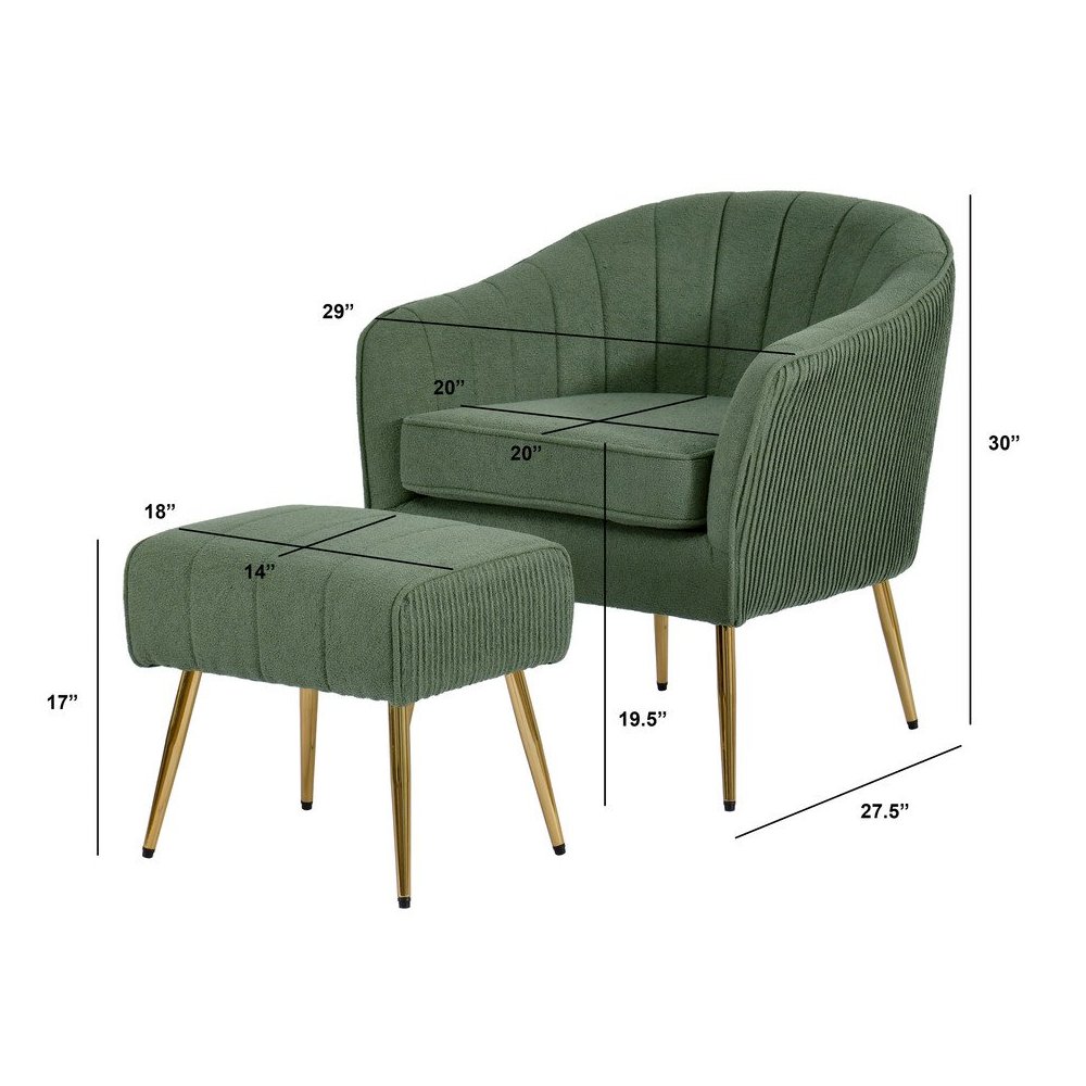 2 Piece Barrel Chair With Matching Ottoman In Green And Gold