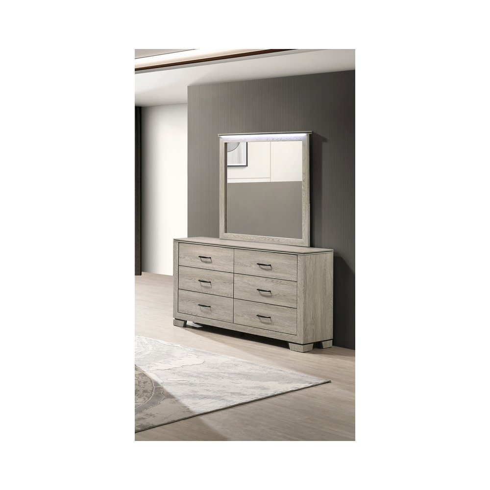 Greige Rustic Oak 6-Drawers Dresser with Mirror