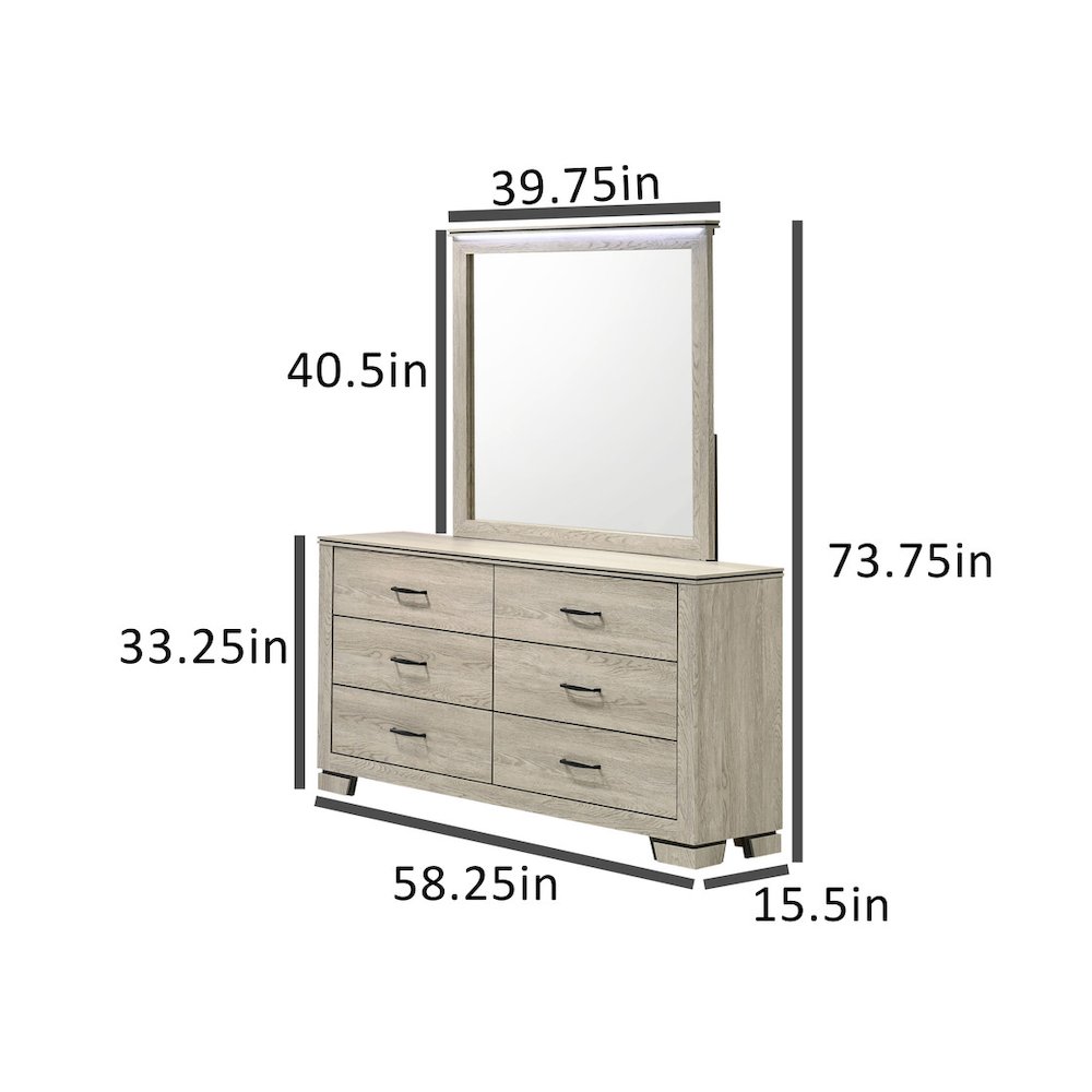 Greige Rustic Oak 6-Drawers Dresser with Mirror