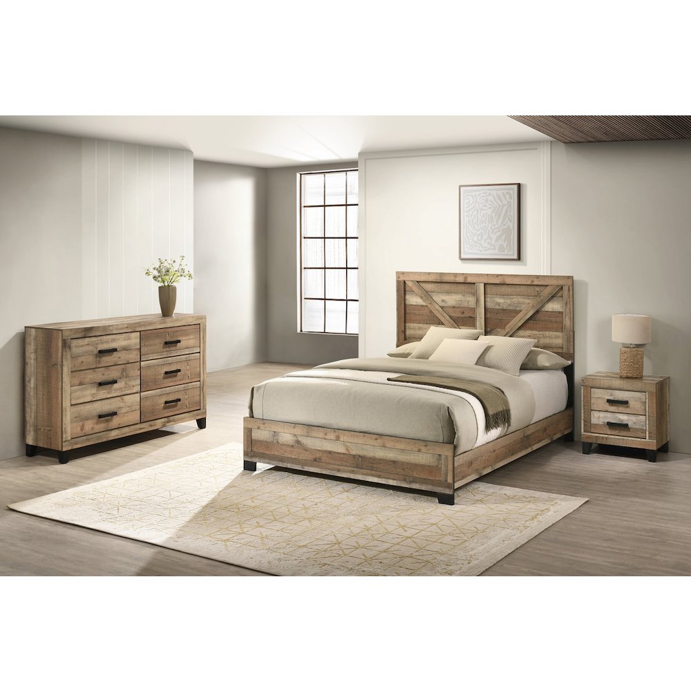 3pc Eastern King Panel Bedroom Set Weathered Brown Pine color