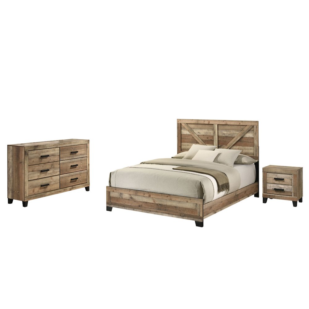 3pc Eastern King Panel Bedroom Set Weathered Brown Pine color