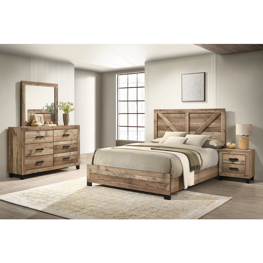 4pc Eastern King Panel Bedroom Set Weathered Brown Pine color