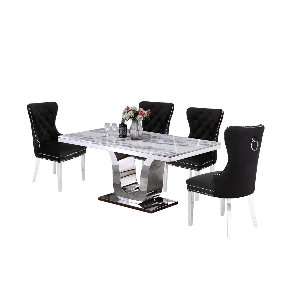 White Marble 5pc Set Tufted Wingback Chairs in Black Velvet