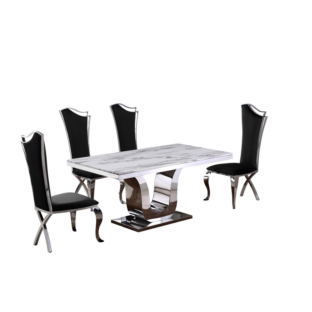 Classic 5pc Dining Set with Marble Top and Stainless Steel Base with Velvet Side Chairs