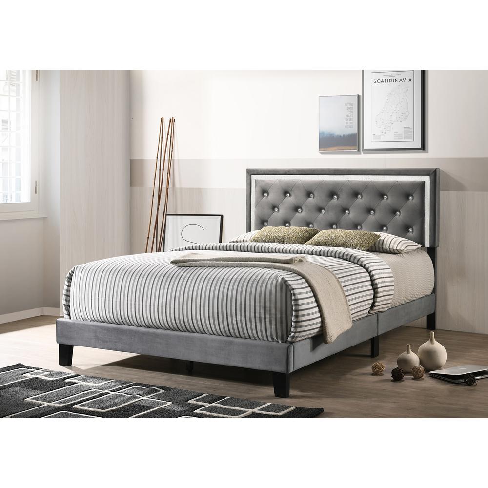 Dark Grey Velvet Uph. Panel Bed with Accents – Full