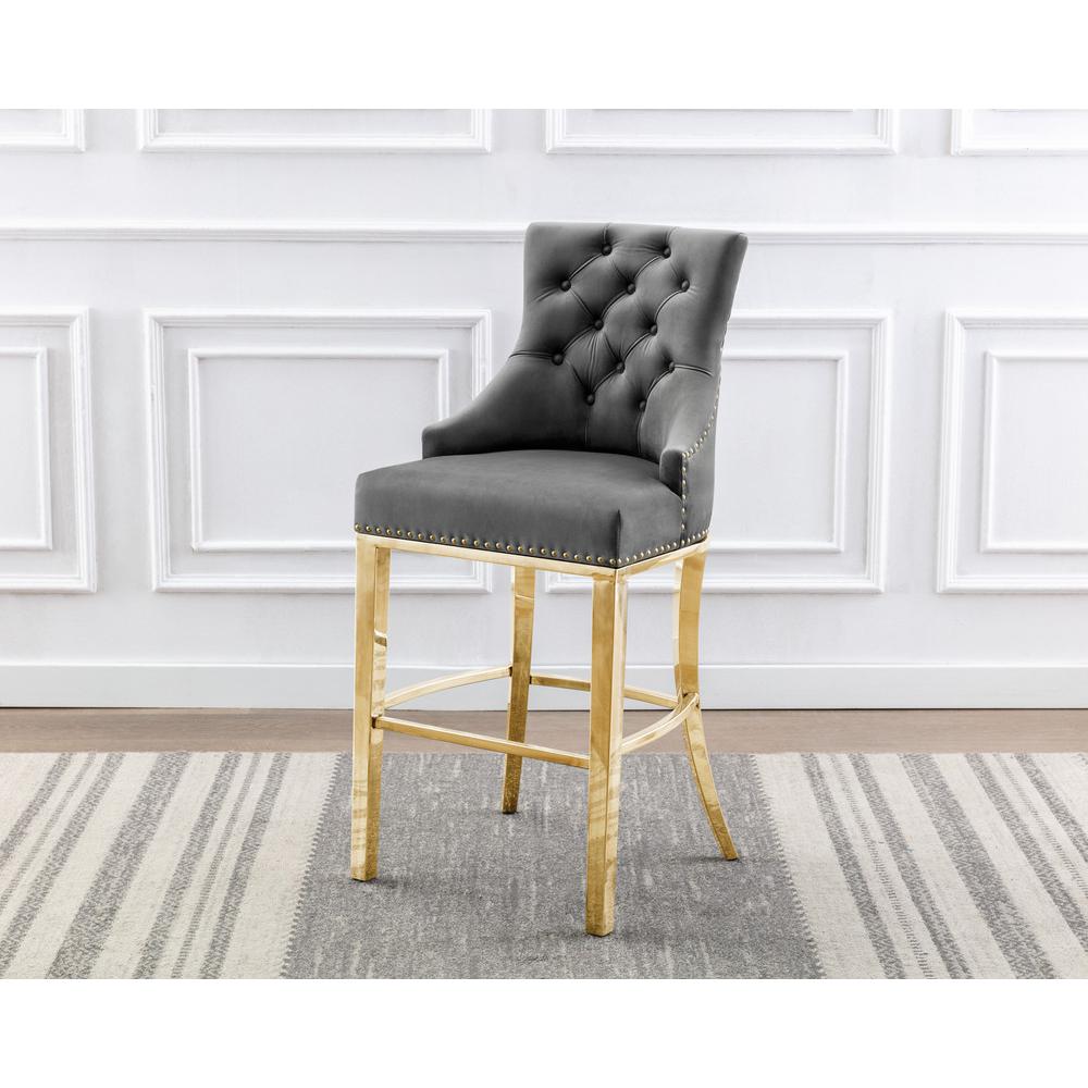 29″ Dark grey velvet barstool with a gold color base (SET OF 2)