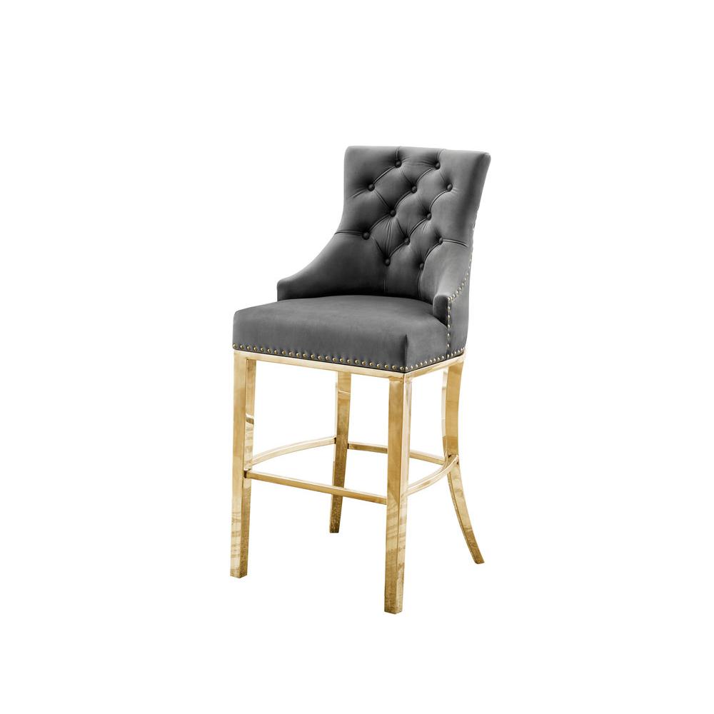 29″ Dark grey velvet barstool with a gold color base (SET OF 2)
