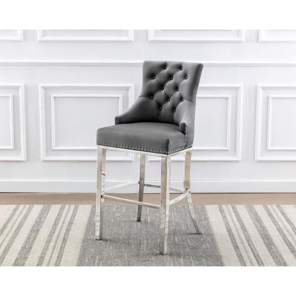 29″ Dark Grey velvet barstool with a silver color base (SET OF 2)