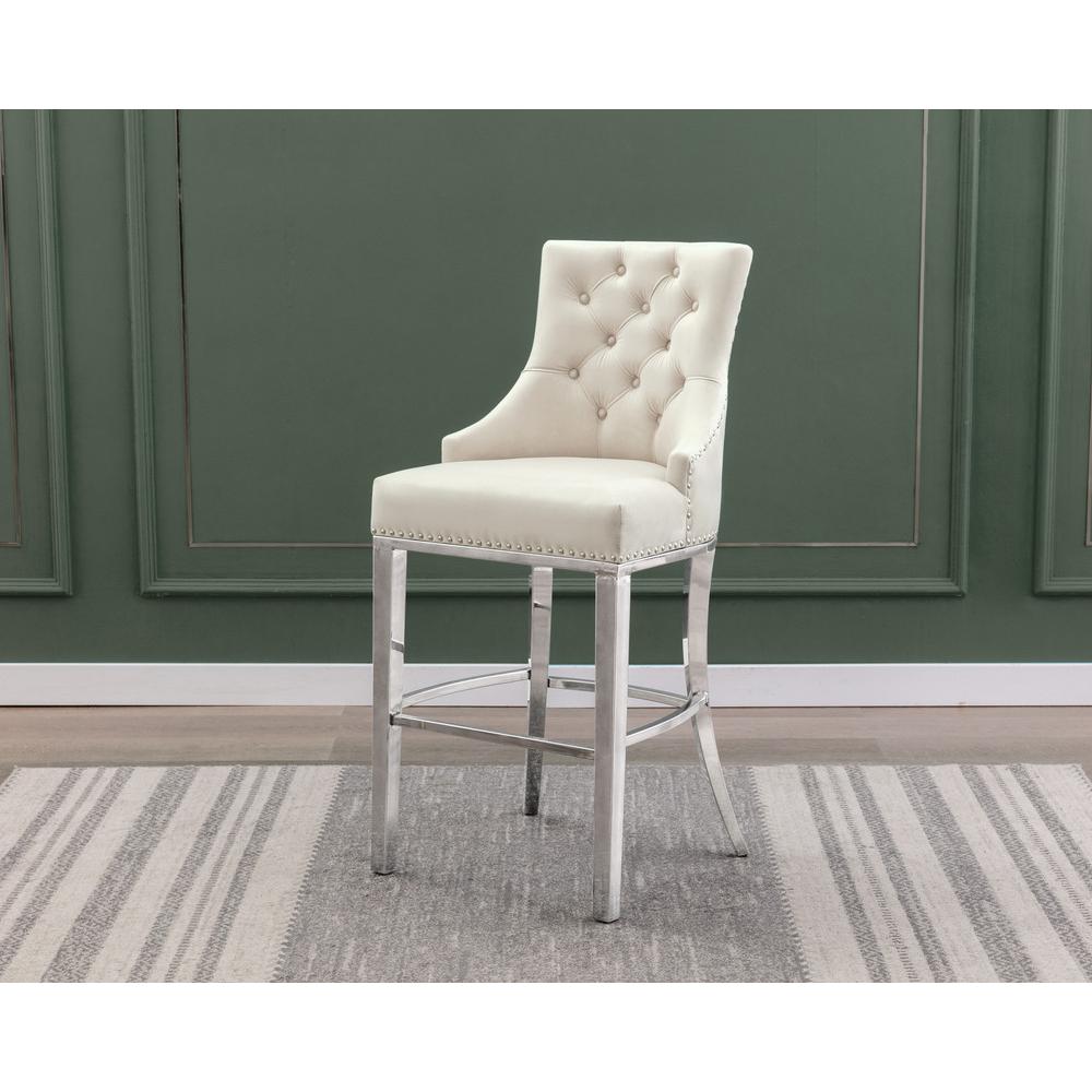 29″ Cream velvet barstool with a silver color base (SET OF 2)