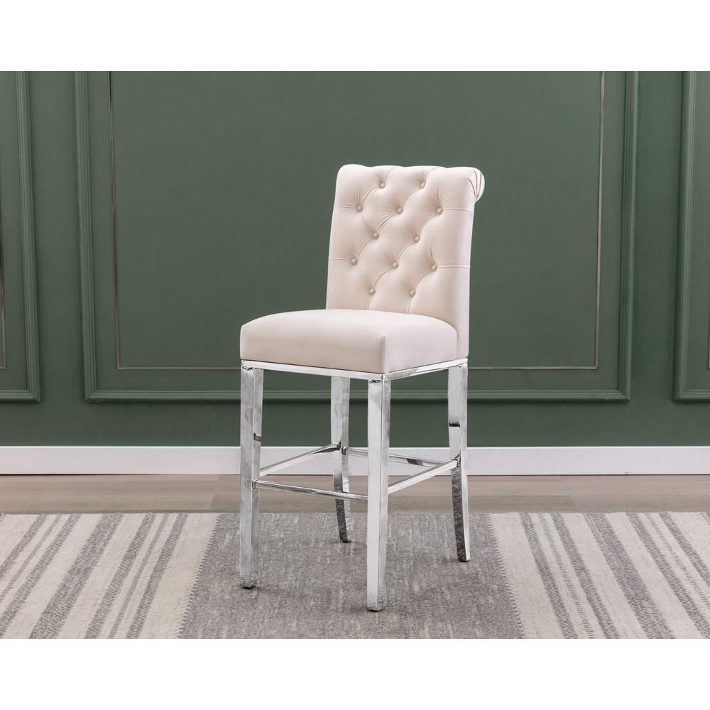 29″ Cream velvet barstool with a silver color base (SET OF 2)
