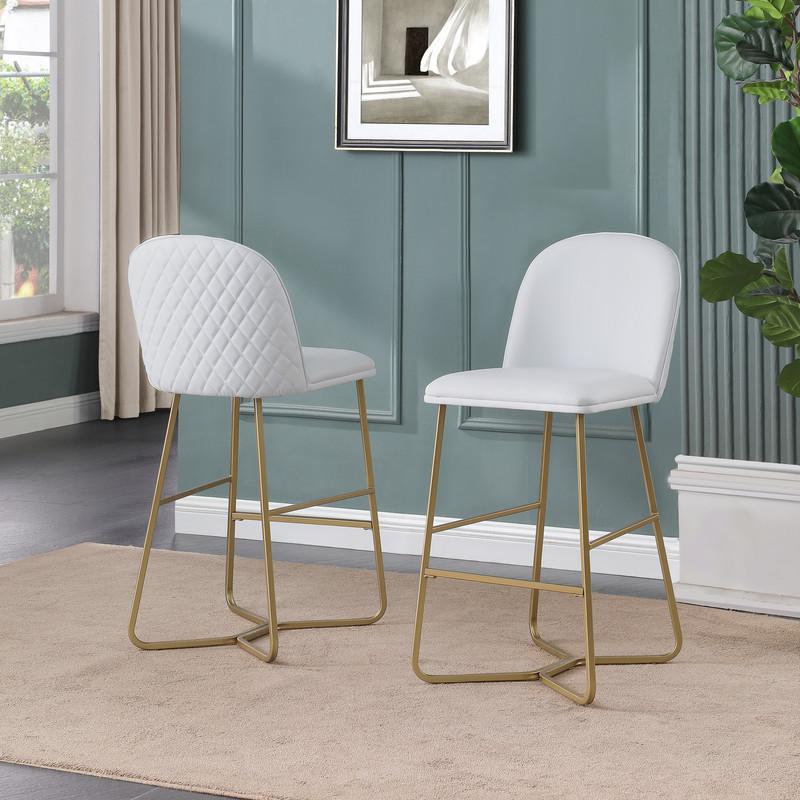 29″ White faux leather barstool w/ gold color iron base (set of 2)