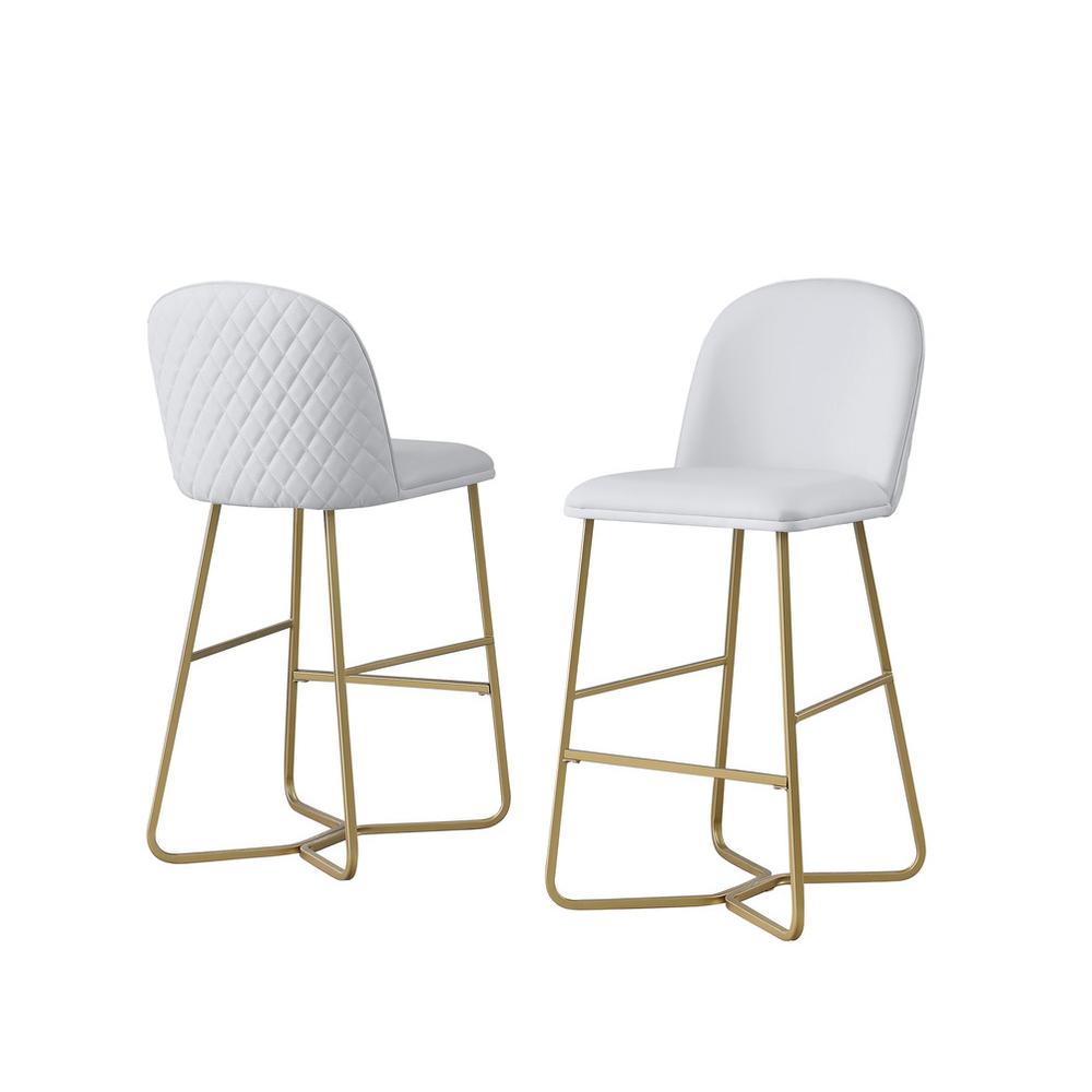29″ White faux leather barstool w/ gold color iron base (set of 2)