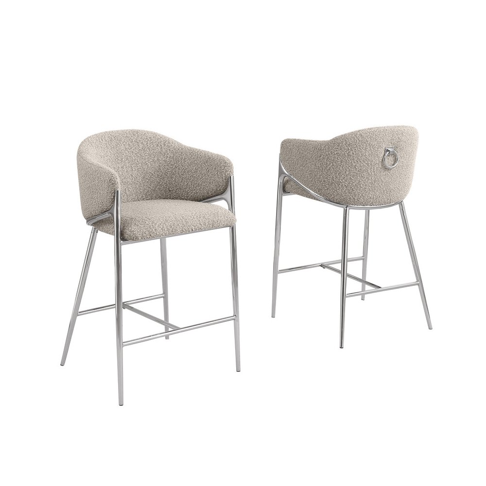 Gray barstools (29″) in boucle fabric and Silver chrome base (SET OF 2)