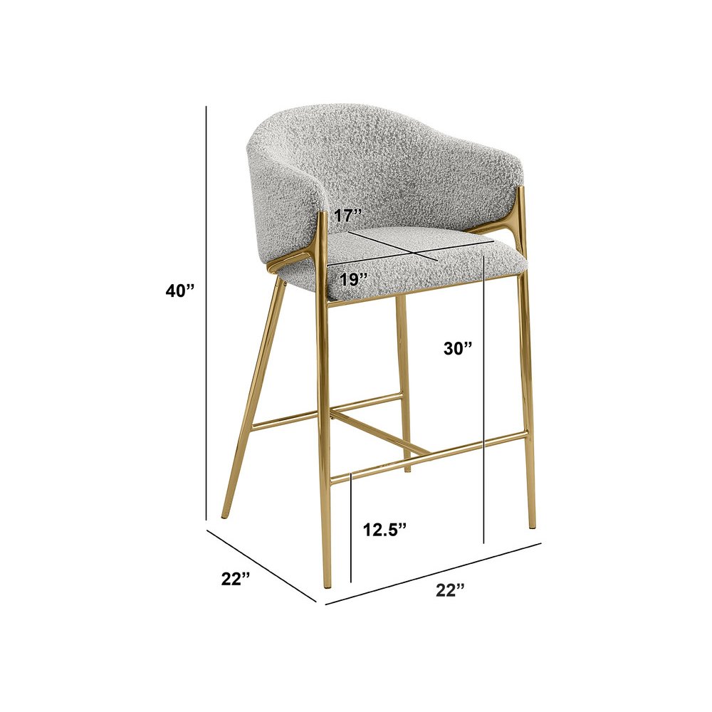 Rich gray barstools (29″) in boucle fabric and gold chrome base (SET OF 2)