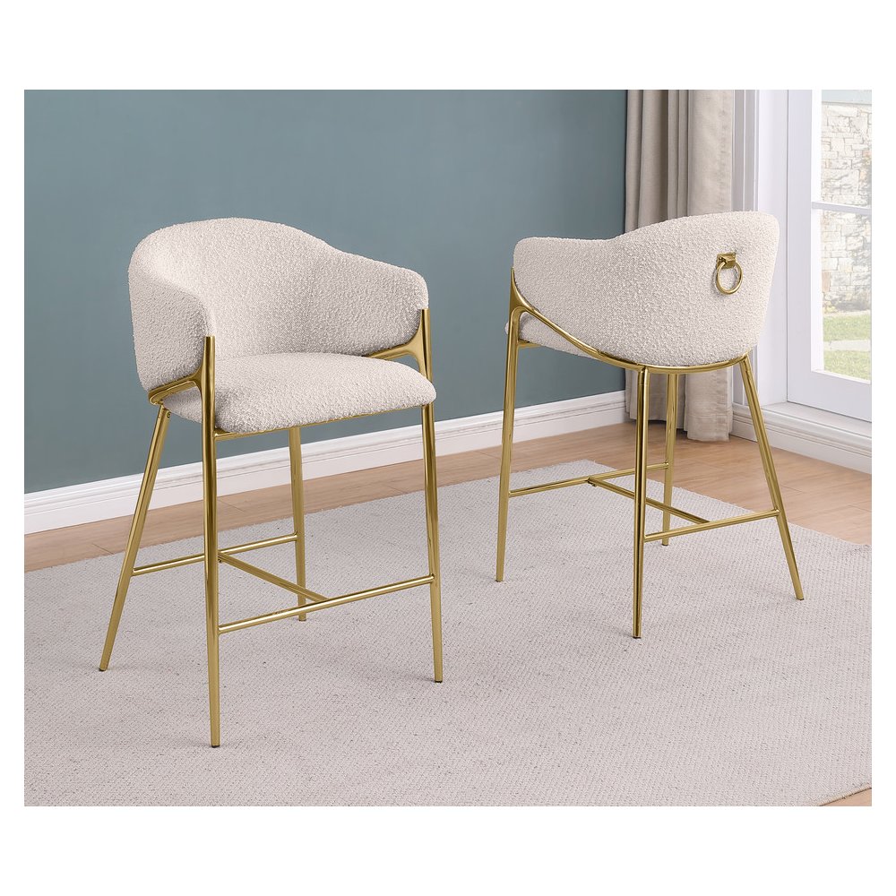 Cream barstools (29″) in boucle fabric and gold chrome base (SET OF 2)