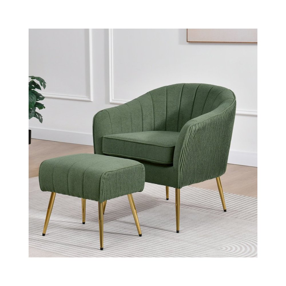 2 Piece Barrel Chair With Matching Ottoman In Green And Gold