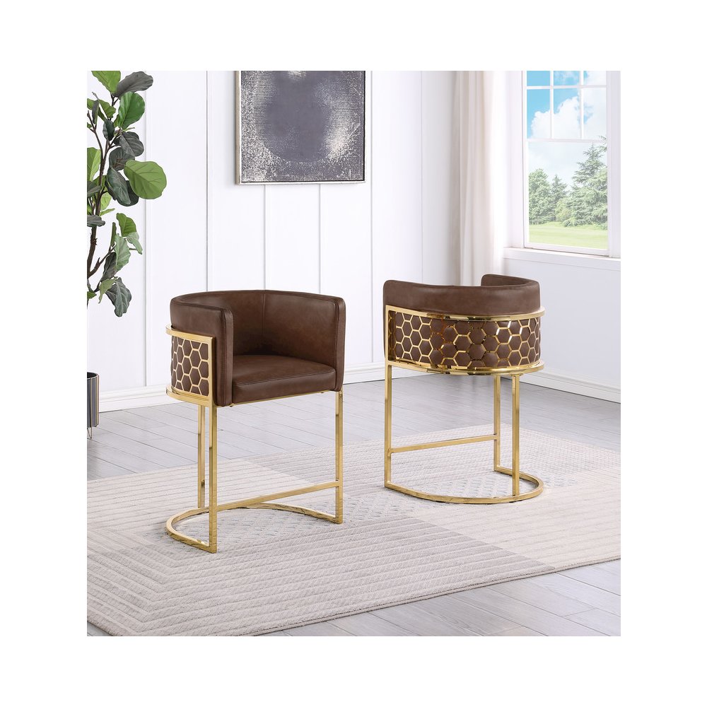 Mocha Leather-Aire Fabric Counterheight with Gold Matte Chrome Base (Set of 2)