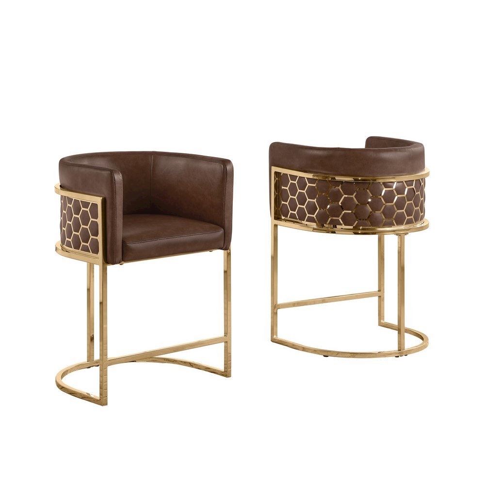 Mocha Leather-Aire Fabric Counterheight with Gold Matte Chrome Base (Set of 2)