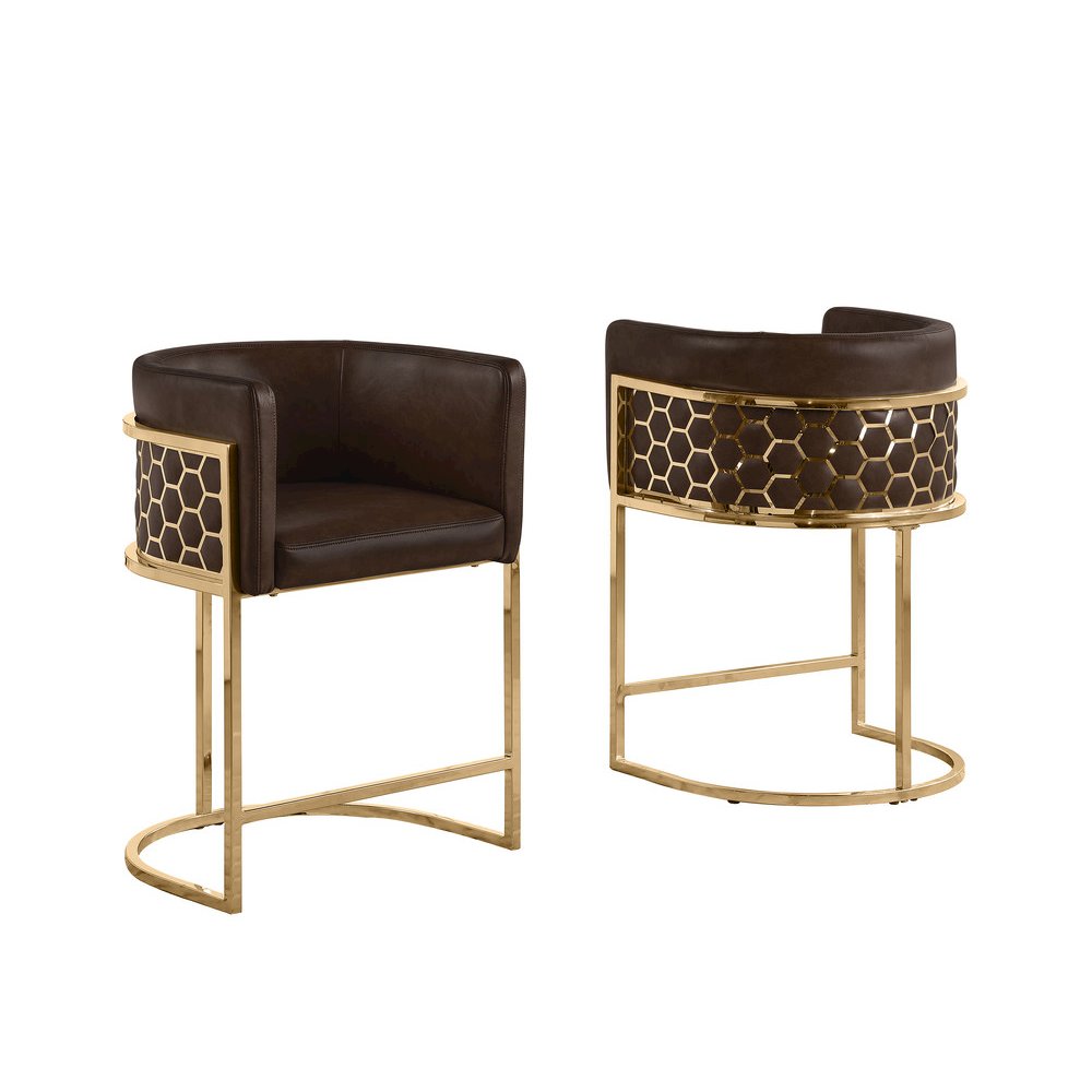 Espresso Leather-Aire Fabric Counterheight with Gold Chrome Base (Set of 2)
