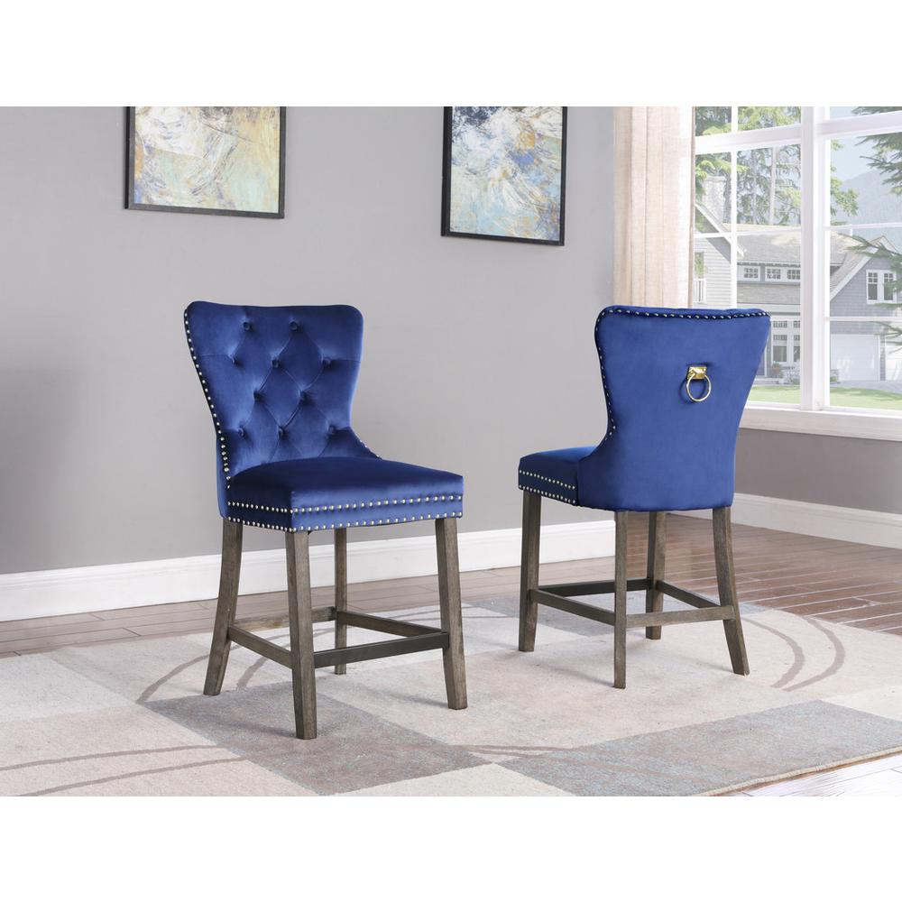 24″ Navy blue velvet counter height chairs with wood base