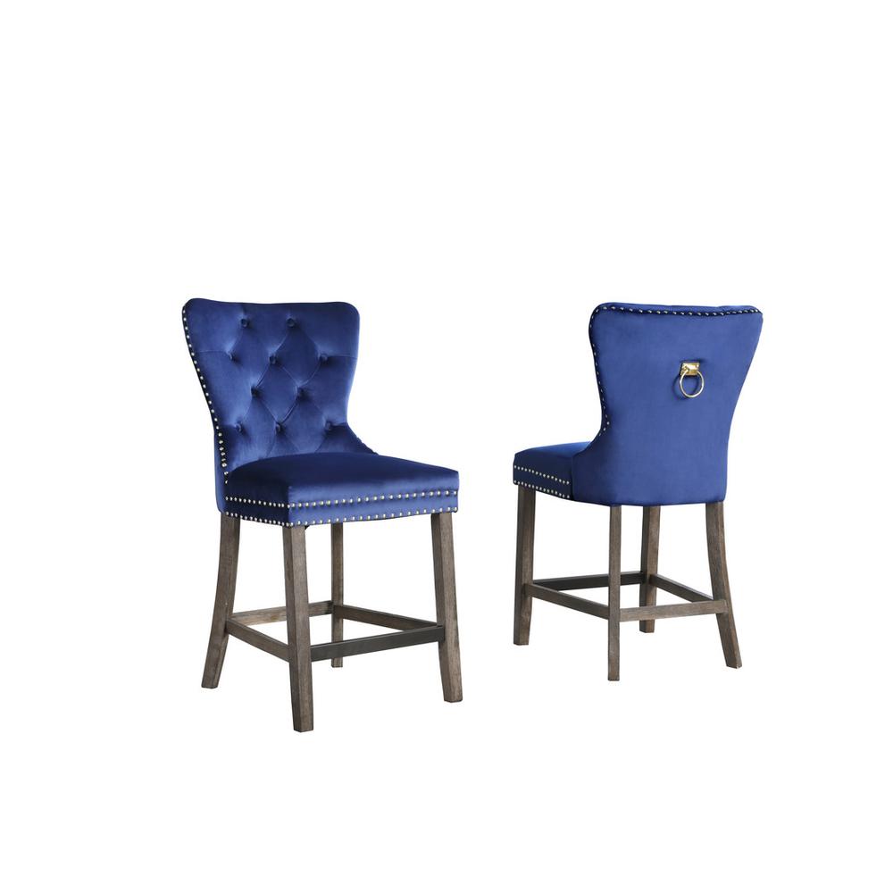 24″ Navy blue velvet counter height chairs with wood base