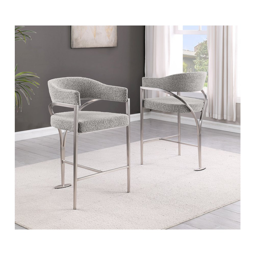 Rich Gray Boucle Fabric Counterheights with Gold Matte Chrome Base (Set of 2)