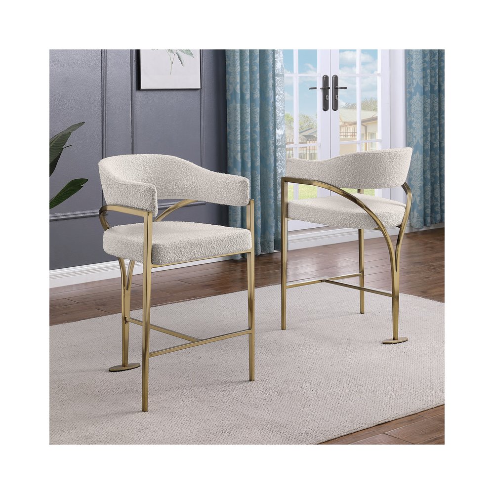 Cream Boucle Fabric Counterheights with Gold Matte Chrome Base (Set of 2)